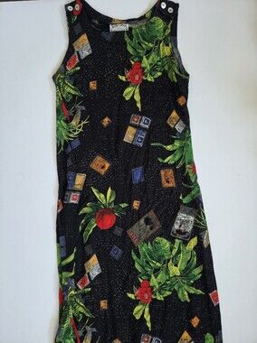 VTG Dressing Clio tropical vacation postcard novelty print maxi dress Made USA M